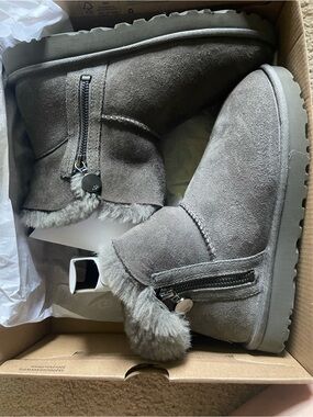 UGG Gray Suede Zip-Up Shearling Ankle Boots